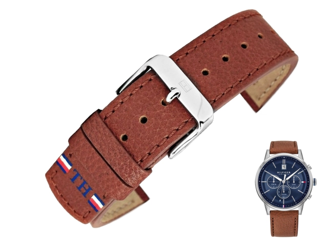 Oryginalny brązowy pasek ze skóry naturalnej z fakturą i flagą do zegarka Tommy Hilfiger 1791629 o szerokości 22 mm.